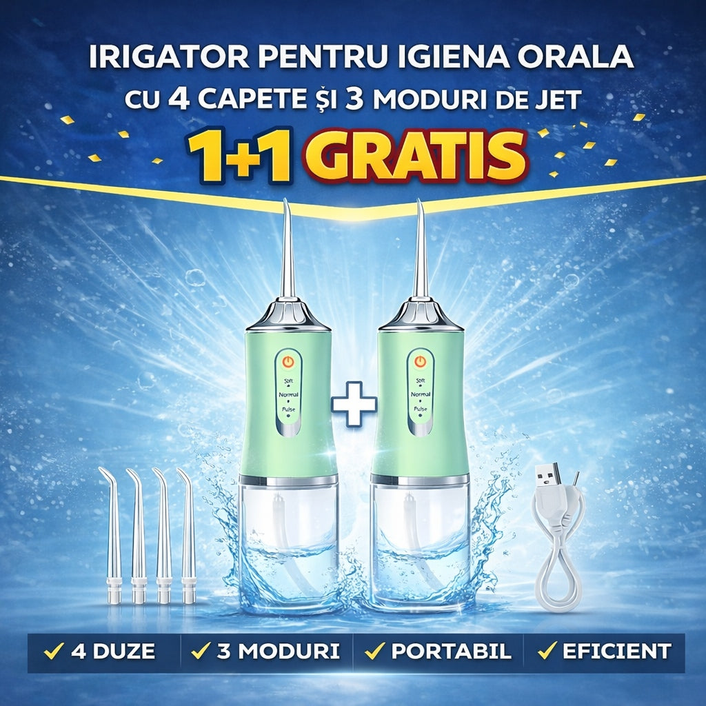 Set de 2 irigatoare Orale Portabile cu 4 Capete și 3 Moduri de Jet – Curățare Profesională Acasă