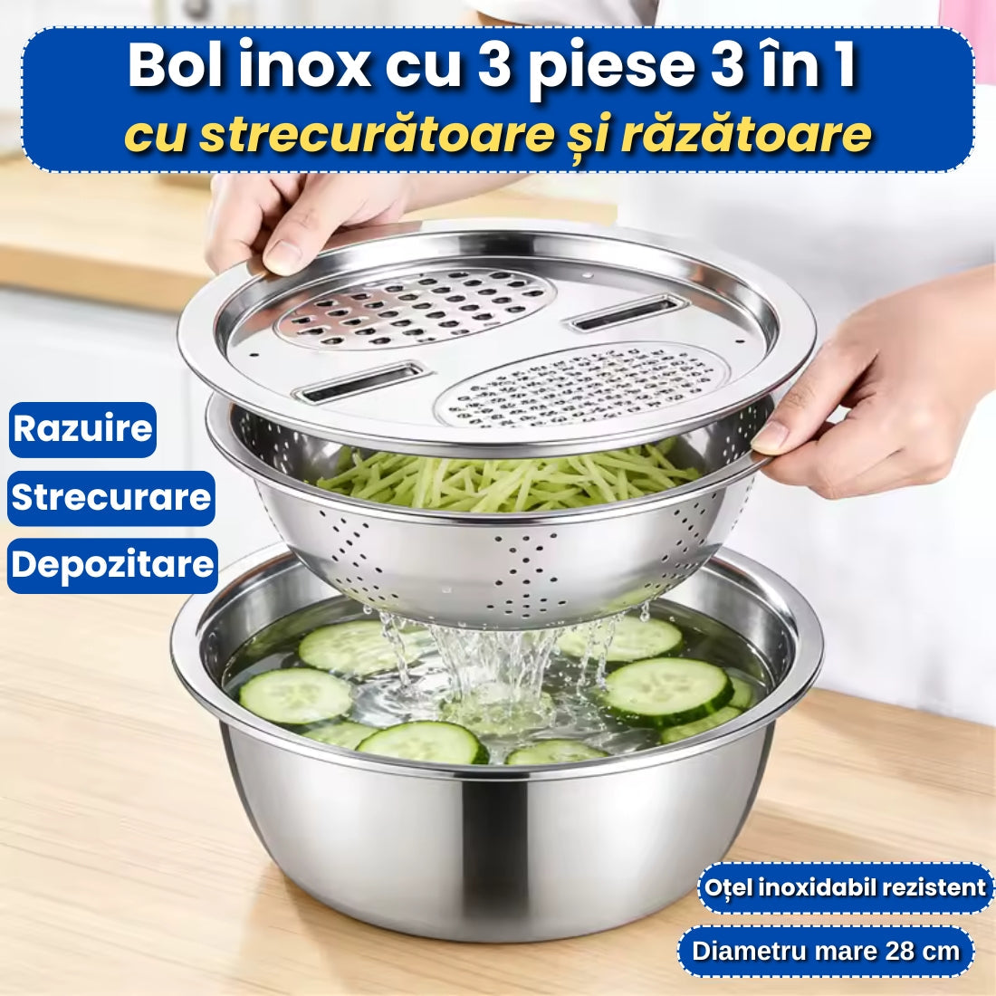 Bol Inox cu Capac Răzătoare și Scurgător – Ideal pentru Gătit