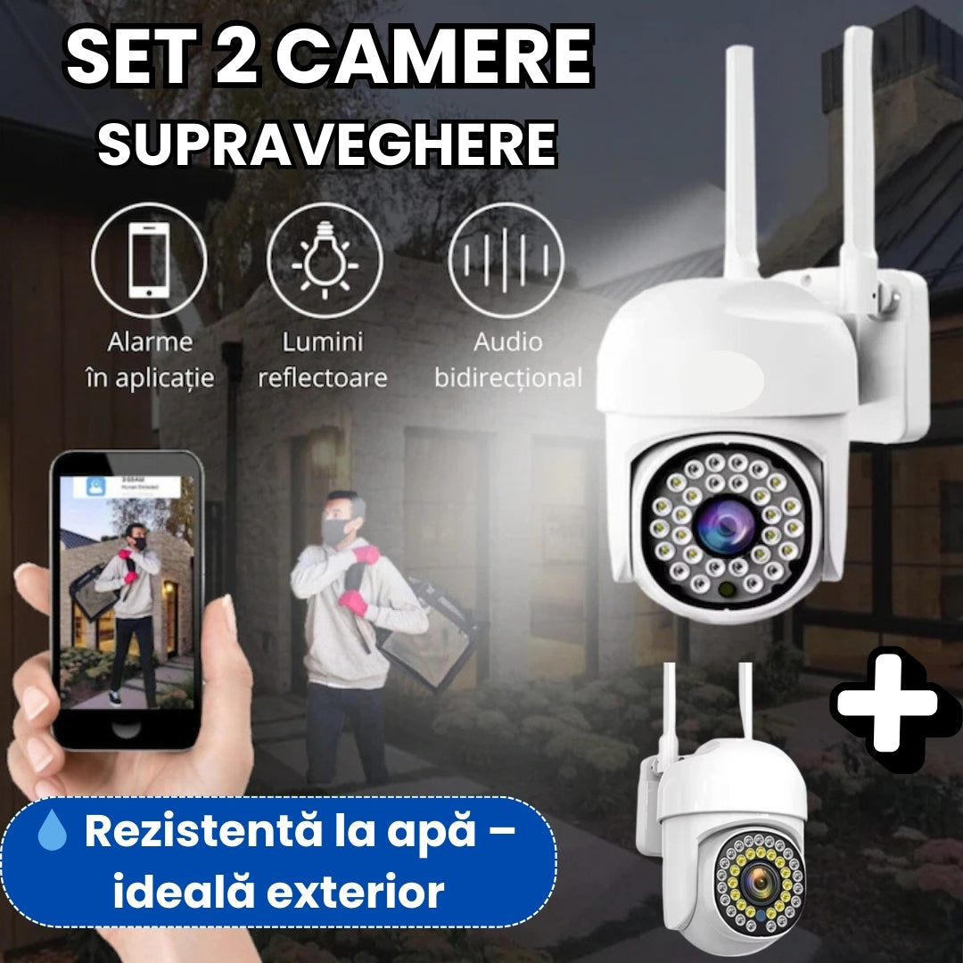 Set 2 Camere Supraveghere WiFi – Interior & Exterior, Zoom 4X, Audio Bidirecțional