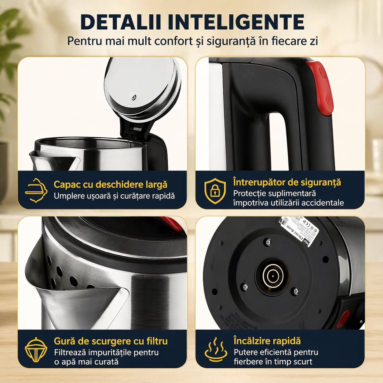 Fierbător Electric RAF 1800W din Inox – Capacitate 2 L, Fierbere Rapidă, Oprire Automată, Bază 360° & Fără BPA