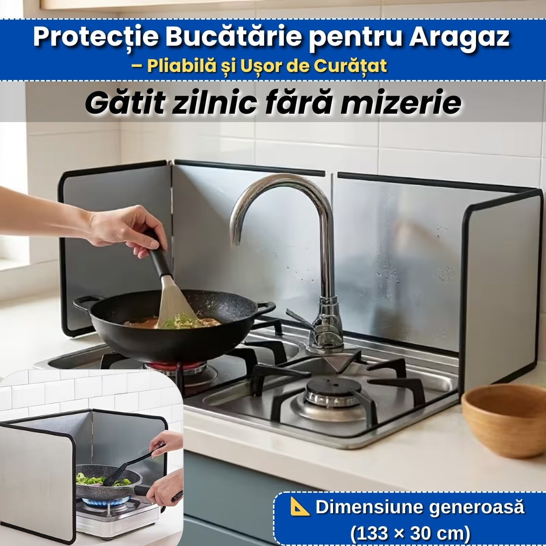 Protecție Anti-stropi pentru Aragaz – 4 Plăci, Pliabilă, Aluminiu, Dimensiune Mare