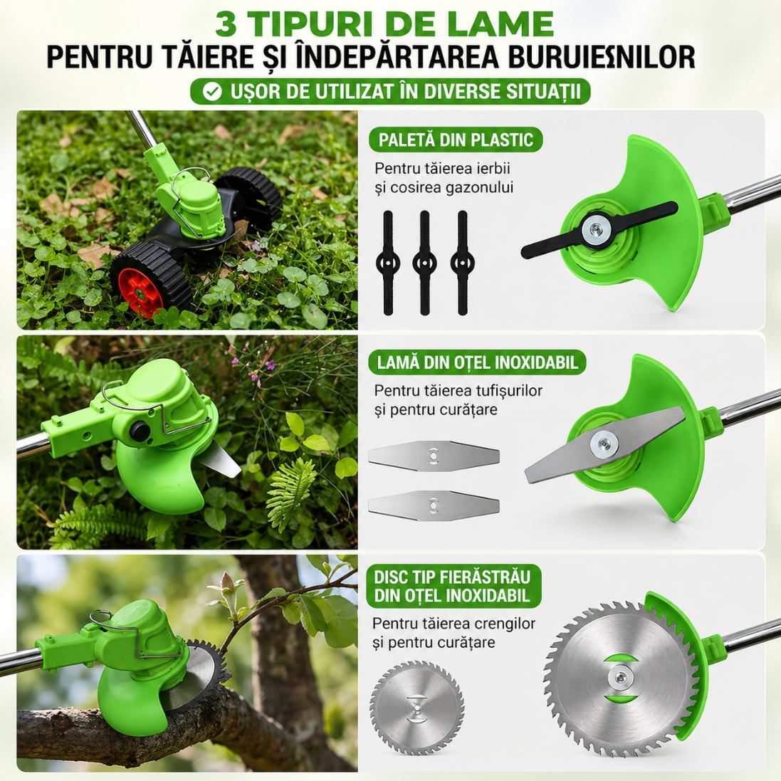 Motocoasă Electrică fără fir, 48V, 2 acumulatori , 18000RPM, roți detașabile - set complet lame (disc + 2 lame + 5 palete)