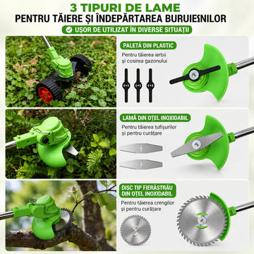 Motocoasă Electrică fără fir, 48V, 2 acumulatori , 18000RPM, roți detașabile - set complet lame (disc + 2 lame + 5 palete)