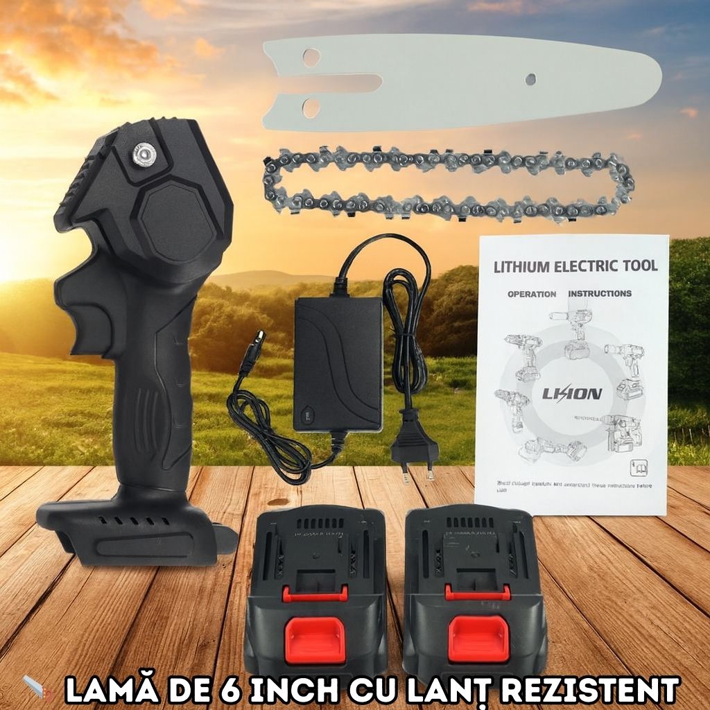 Fierăstrău de Mână cu Lanț, 48V, 1100W – Kit Complet cu 2 Acumulatori