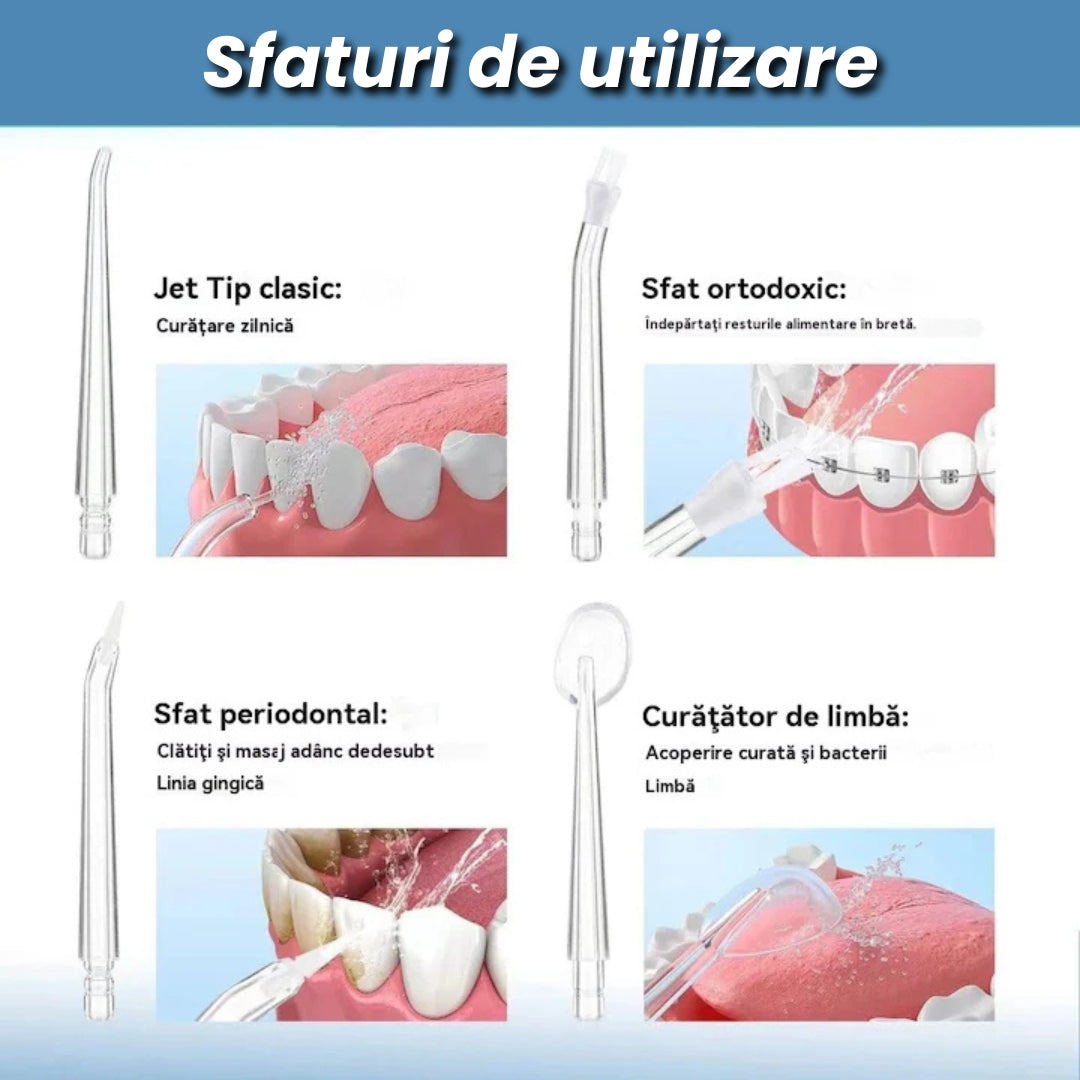 Set de 2 irigatoare Orale Portabile cu 4 Capete și 3 Moduri de Jet – Curățare Profesională Acasă