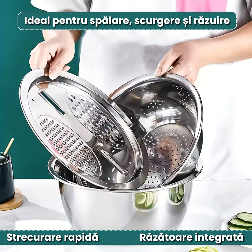 Bol Inox cu Capac Răzătoare și Scurgător – Ideal pentru Gătit