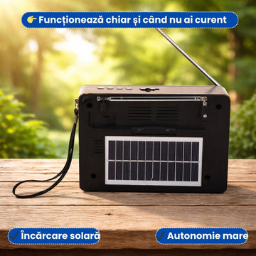 Radio Portabil Retro cu Panou Solar, Ceas, Recepție AM/FM/SW și Lanternă Incorporată