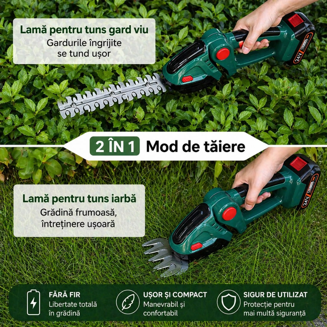 Foarfecă Electrică 2 în 1 pentru Tuns Gard Viu și Arbuști – 48V, 2 Acumulatori