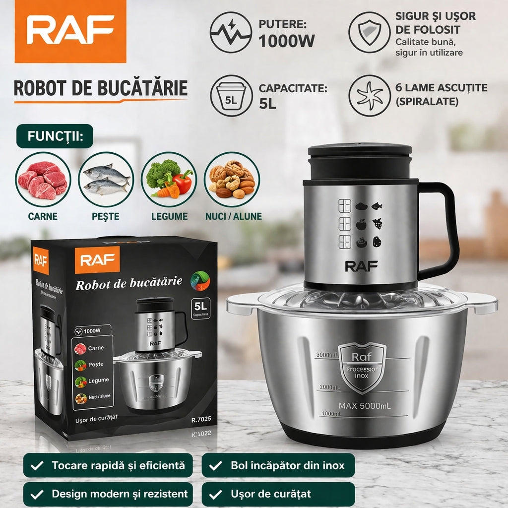 Tocător Electric Profesional 5 Litri  – 1000 W, 6 Lame pentru Carne, Legume și Nuci