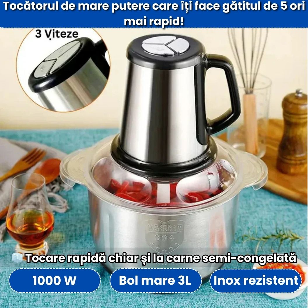 Tocător Profesional 1000W – Bol Inox 3L, 3 Viteze, Ultra Puternic, Lame Oțel Inoxidabil
