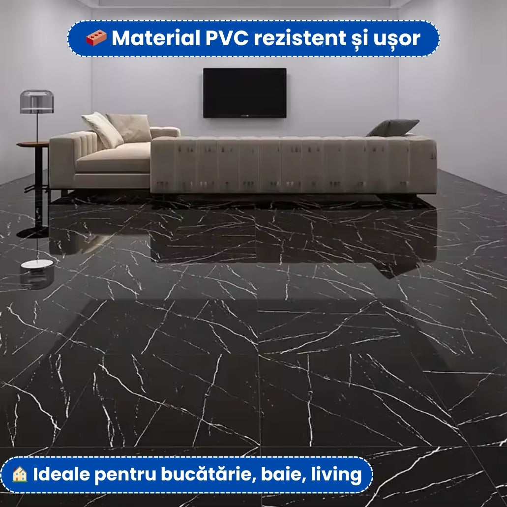 Plăci PVC Autoadezive Tip Marmură Neagră 60×60 cm – Set 10 Bucăți