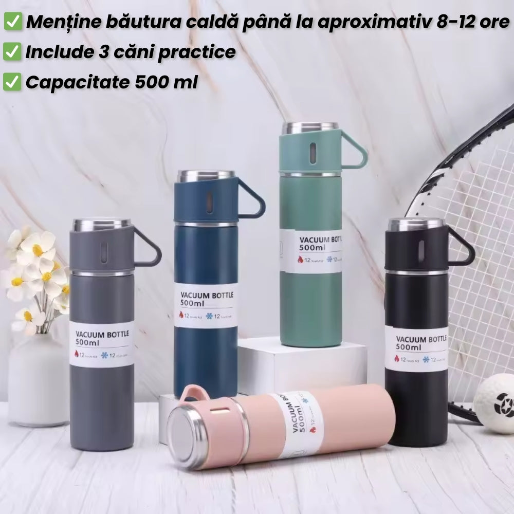 Termos din Inox rezistent - 500 ml cu 3 Căni Incluse
