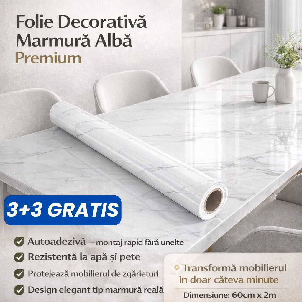 Set de 6 folii Decorative Autoadezive Marmură Albă Premium – 60×300 cm