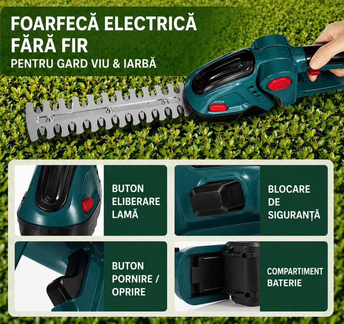 Foarfecă Electrică 2 în 1 pentru Tuns Gard Viu și Arbuști – 48V, 2 Acumulatori