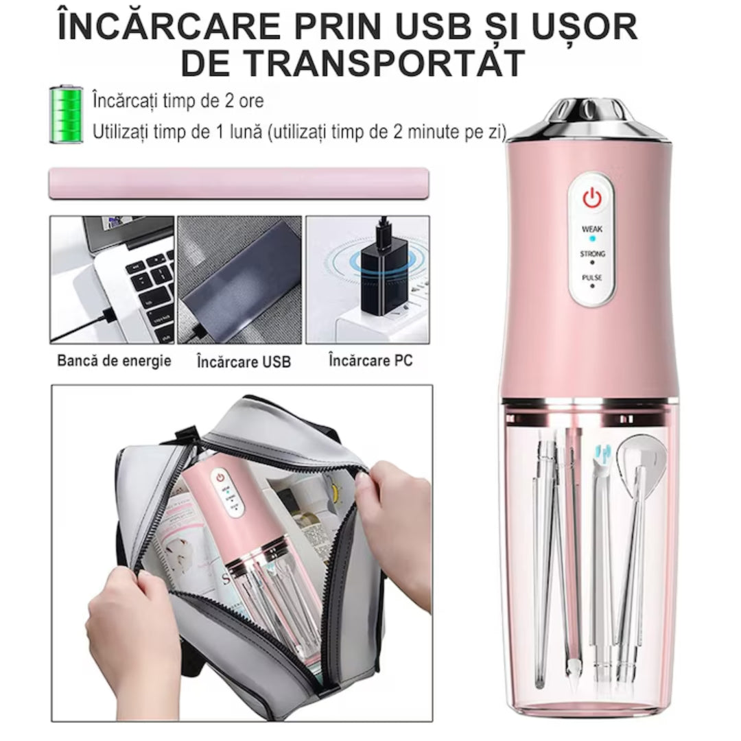 Set de 2 irigatoare Orale Portabile cu 4 Capete și 3 Moduri de Jet – Curățare Profesională Acasă