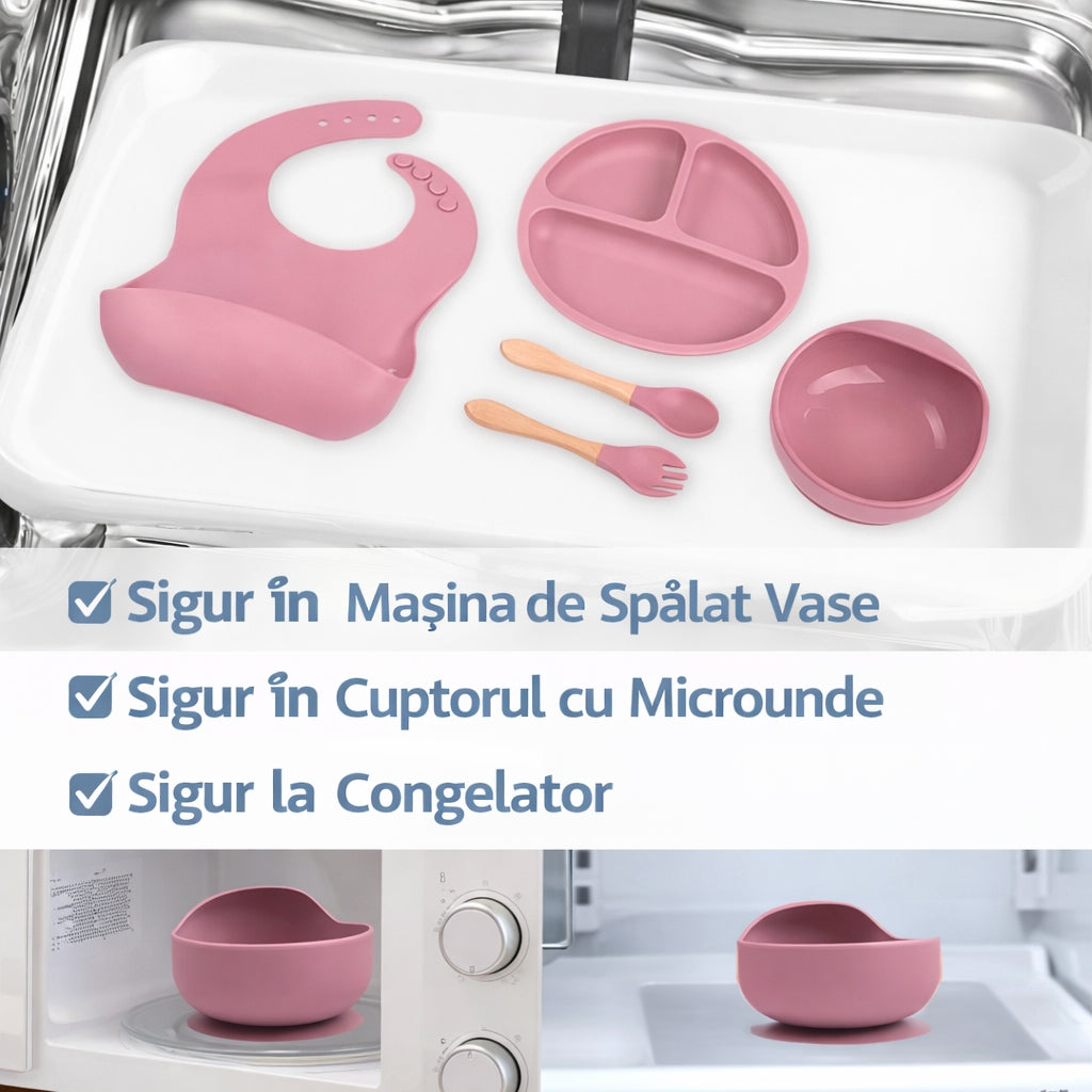 Set Premium Hrănire Bebeluși cu Farfurie, Bol, Bavetică și Tacâmuri din Silicon