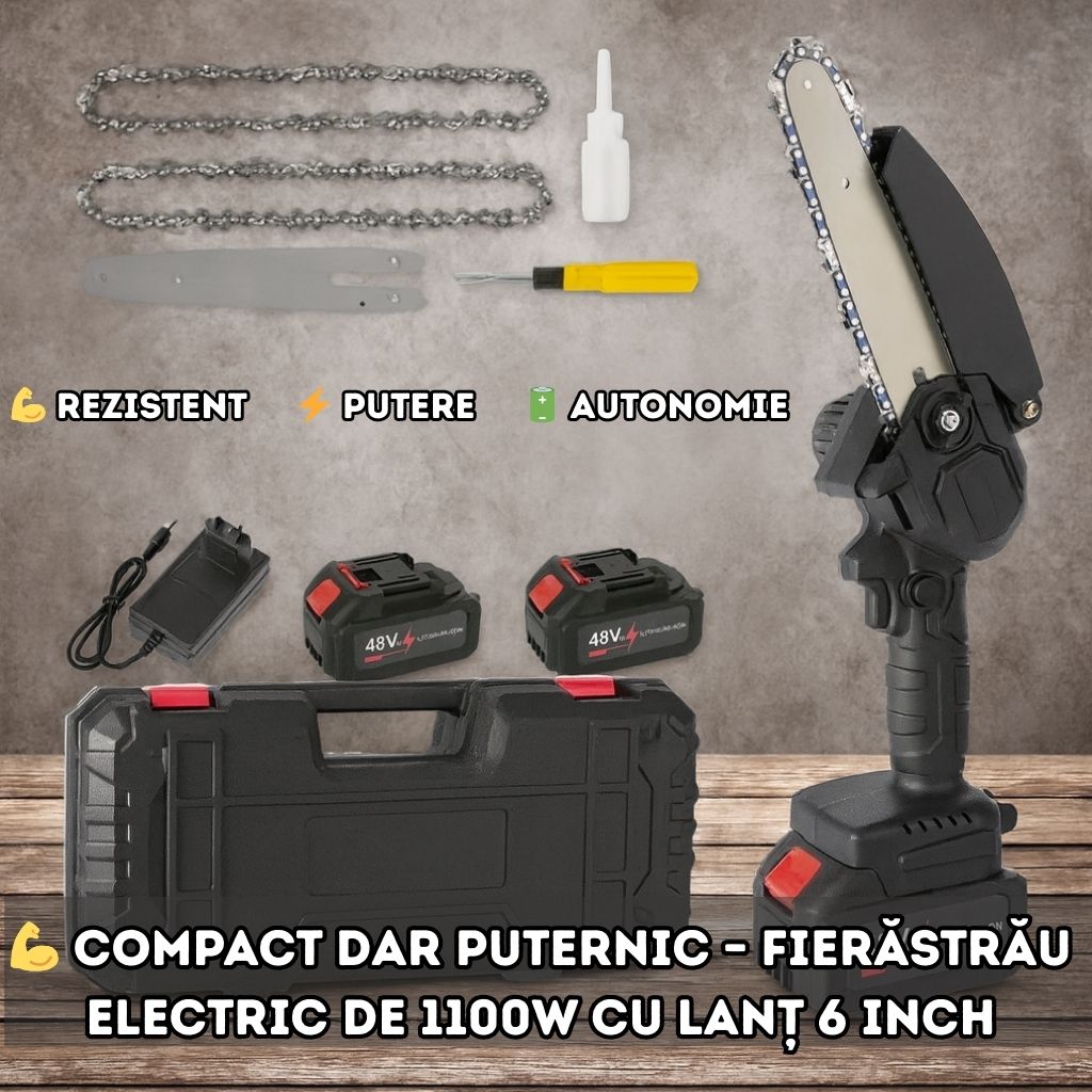 Fierăstrău de Mână cu Lanț, 48V, 1100W – Kit Complet cu 2 Acumulatori