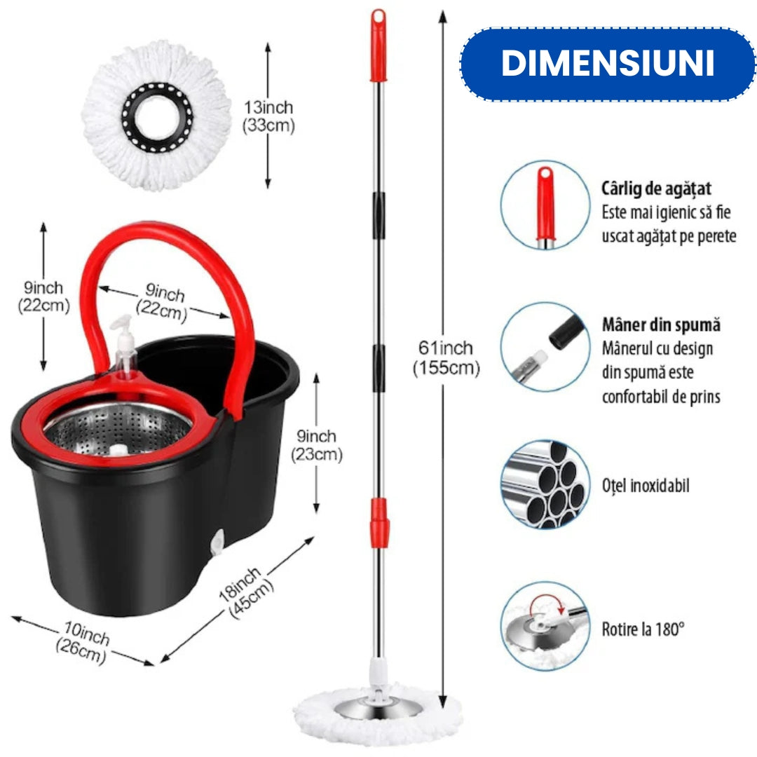 Mop Rotativ și Găleată cu Sistem de Stoarcere și Curățare - Mâner Reglabil + 5 Rezerve CADOU