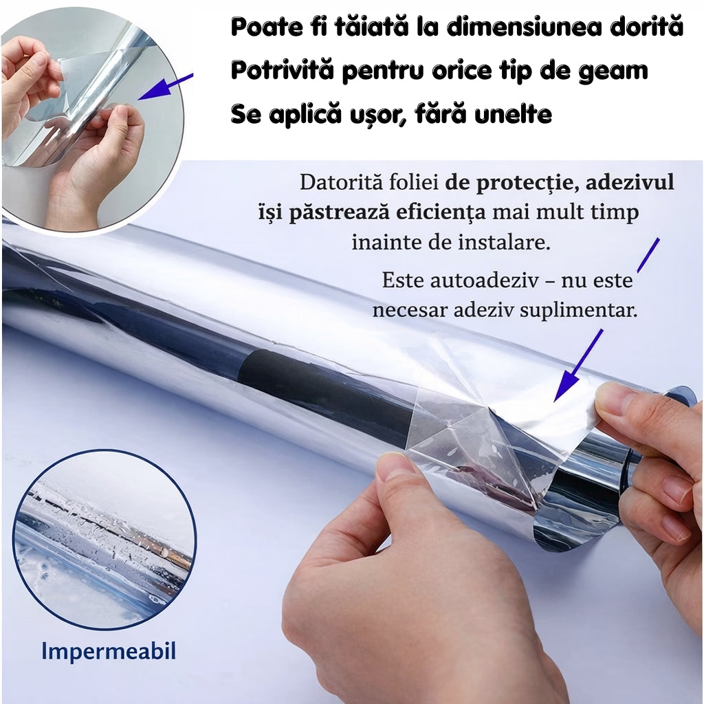 Folie Autocolantă pentru Geam cu Efect Real de Oglindă, Protecție UV și Control Termic – 300×60 cm