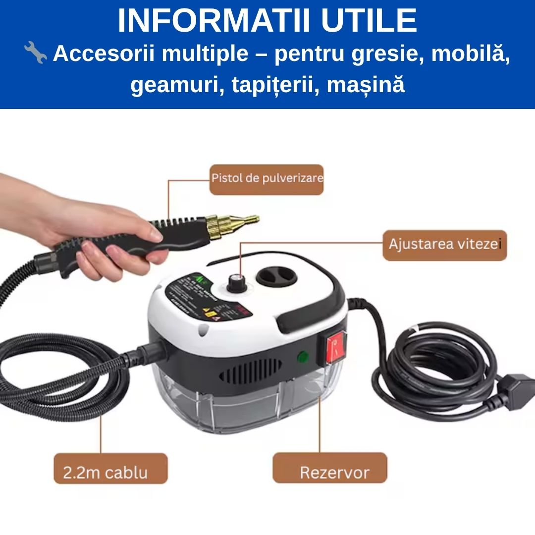 Aparat de Curățat cu Abur 2500W – Igienizare, Degresare, Rezervor 1L și Accesorii Multiple