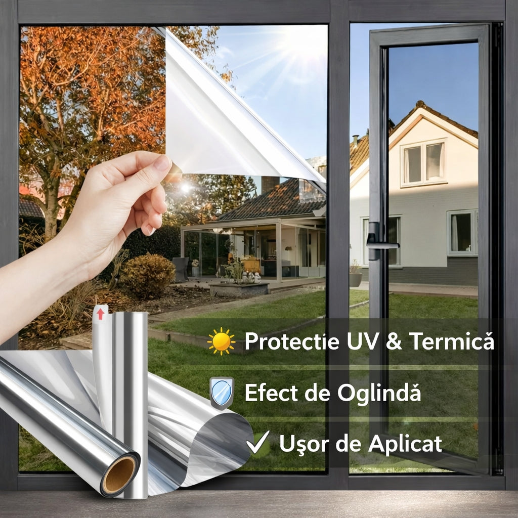 Folie Autocolantă pentru Geam cu Efect Real de Oglindă, Protecție UV și Control Termic – 300×60 cm
