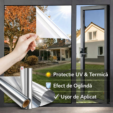 Folie Autocolantă pentru Geam cu Efect Real de Oglindă, Protecție UV și Control Termic – 300×60 cm