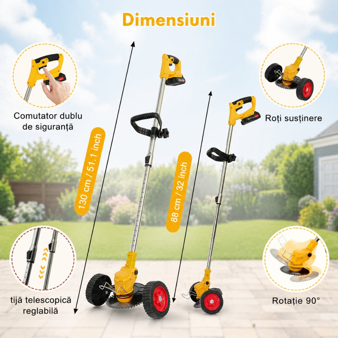 Motocoasă Electrică fără fir, 48V, 2 acumulatori , 18000RPM, roți detașabile - set complet lame (disc + 2 lame + 5 palete)