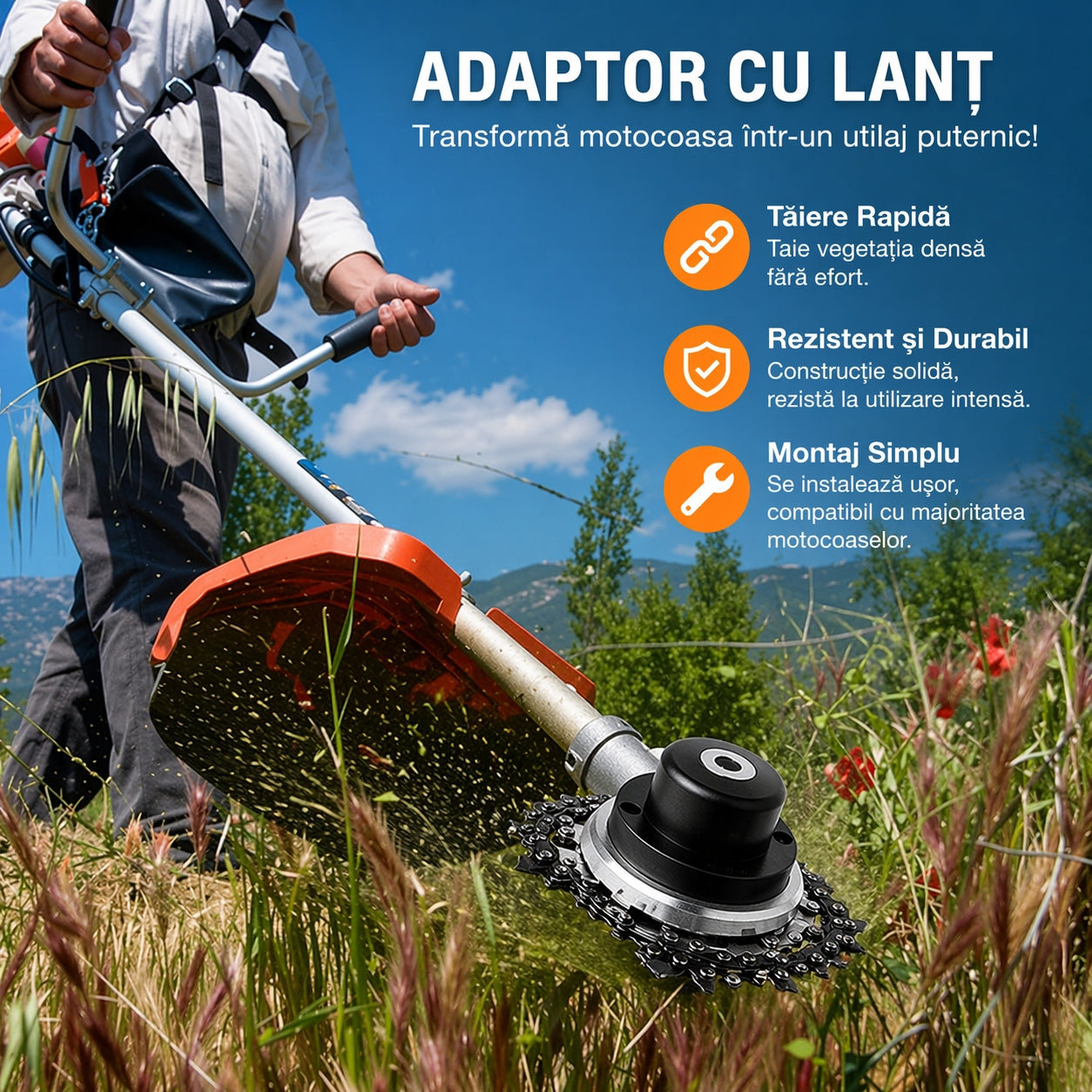 Set de 2 Accesorii cu lant pentru motocoasa – Ideal pentru iarba tare si arbusti