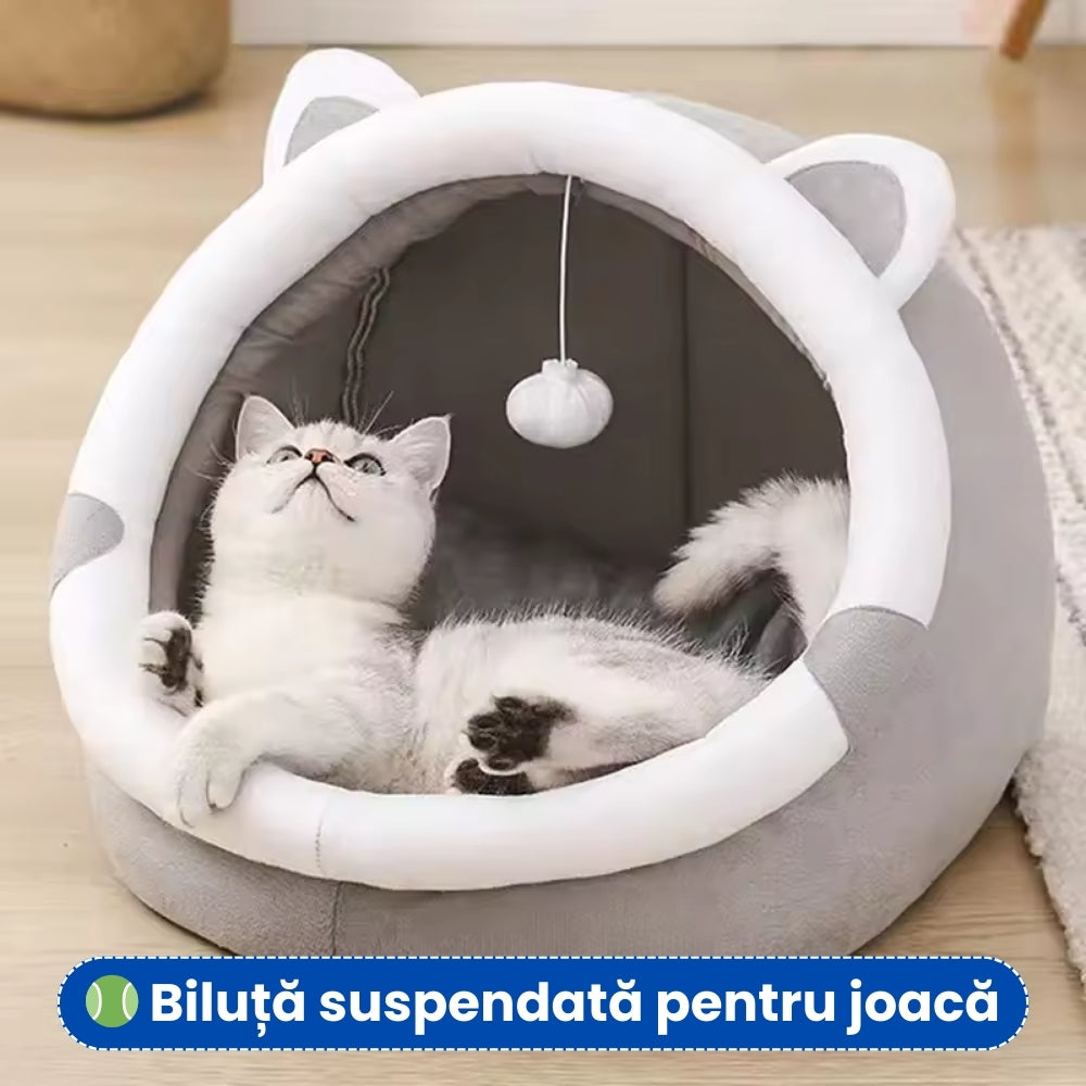 Pat pentru Pisici – Design Semi-Închis Gri, Moale, Călduros și Rezistent