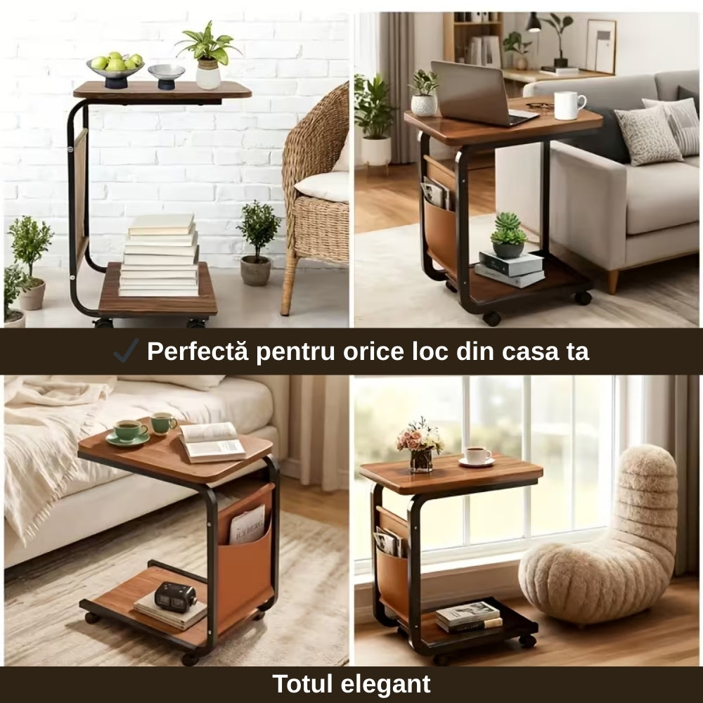 Masă Laterală cu Roți și Spațiu de Depozitare