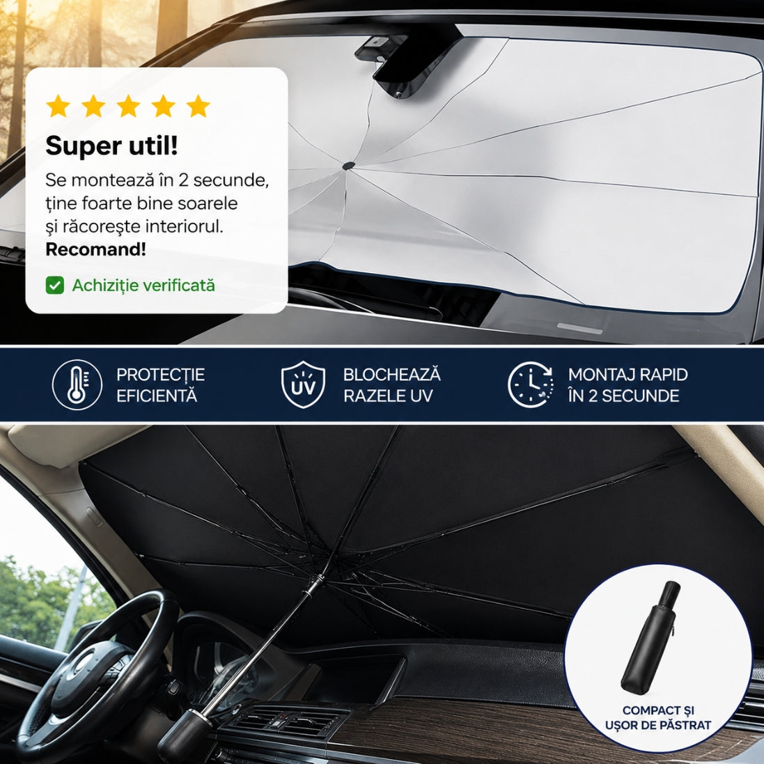 Set de 2 Parasolare Auto Tip Umbrelă – Protecție UV + Interior Răcoros, Montare în 3 Secunde