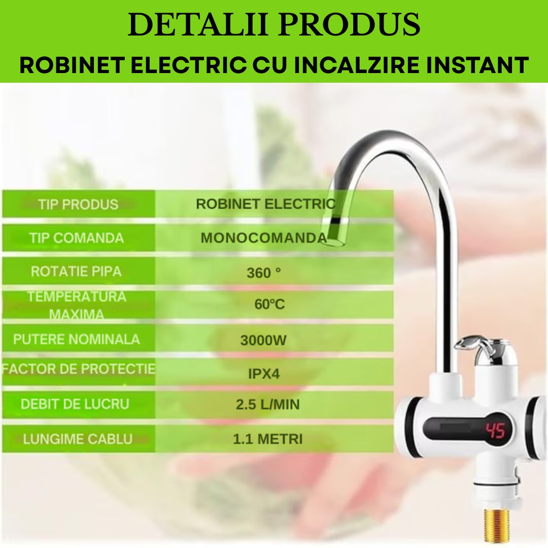 Robinet Electric cu Încălzire Instant – 3000W, Apă Caldă Rapid, Afișaj Digital, 360°