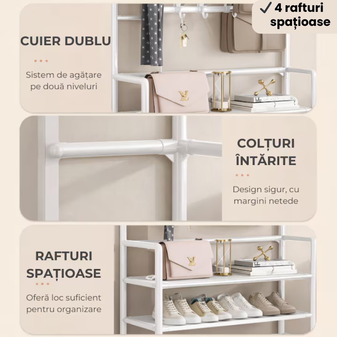 Cuier Metalic cu 4 Rafturi și Cârlige – Organizare Completă pentru Hol, Stabil si Rezistent