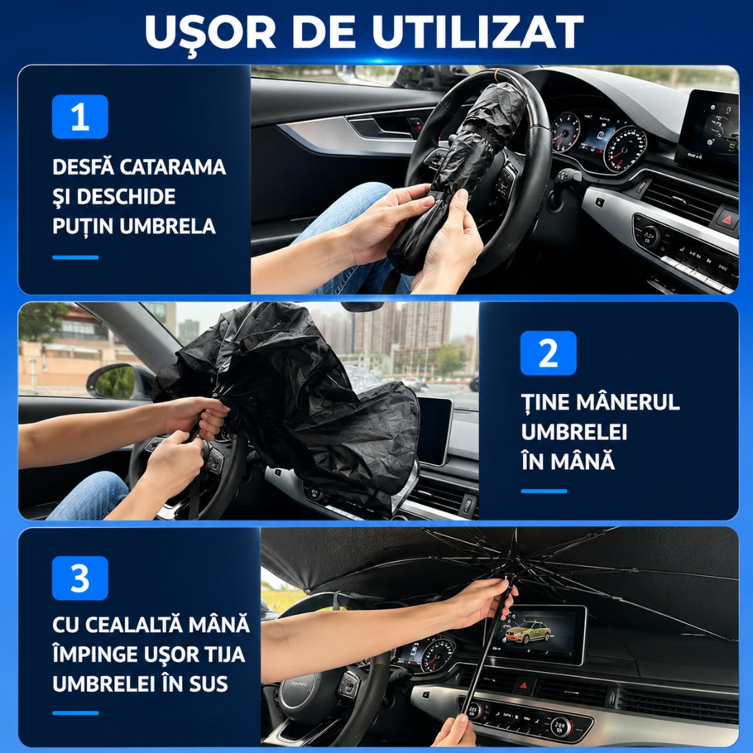 Set de 2 Parasolare Auto Tip Umbrelă – Protecție UV + Interior Răcoros, Montare în 3 Secunde