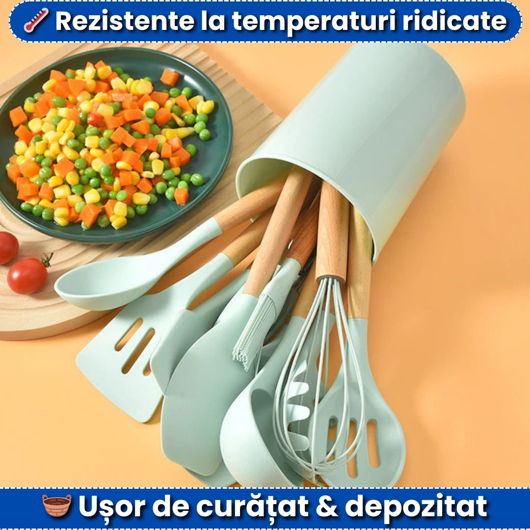 Set 12 Ustensile Bucătărie – Silicon & Lemn, Termorezistente