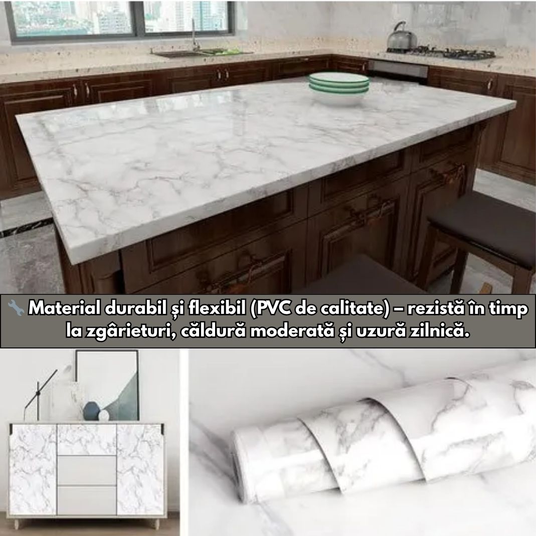 Set de 6 folii Decorative Autoadezive Marmură Albă Premium – 60×300 cm