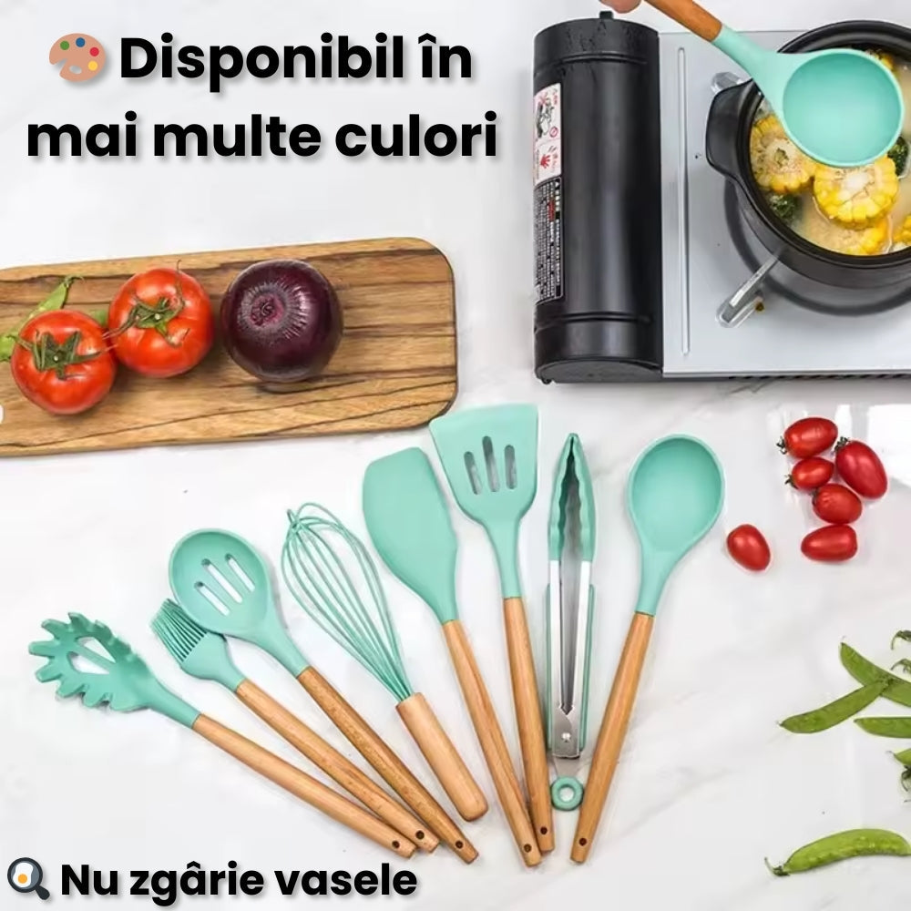 Set 12 Ustensile Bucătărie – Silicon & Lemn, Termorezistente