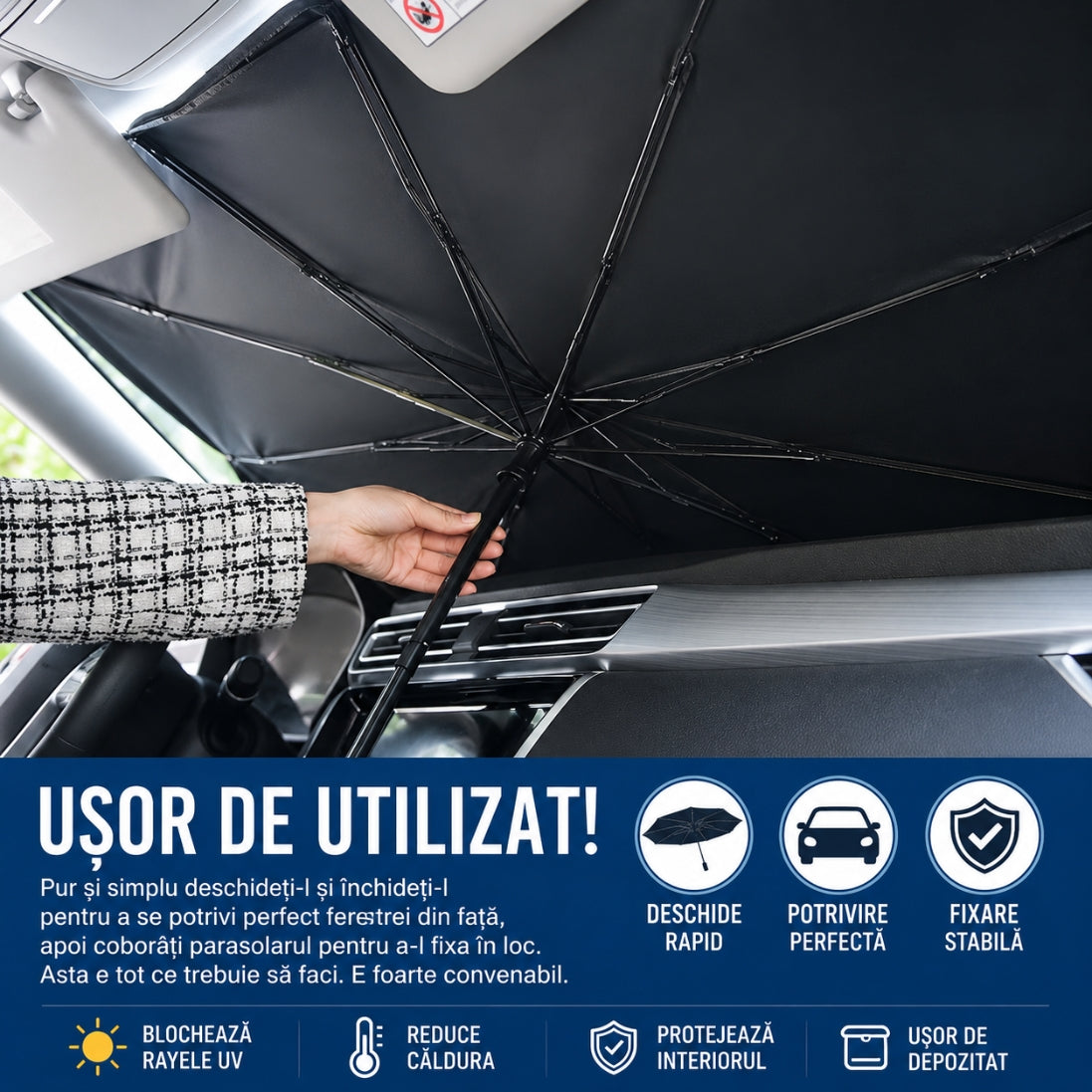 Set de 2 Parasolare Auto Tip Umbrelă – Protecție UV + Interior Răcoros, Montare în 3 Secunde