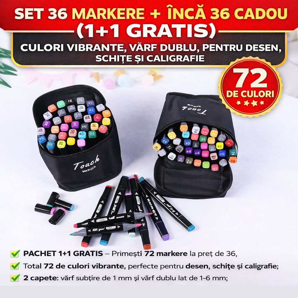 Set Profesional 36 Markere Colorate Touch, Culori Vibrante, Vârf Subțire și Lat