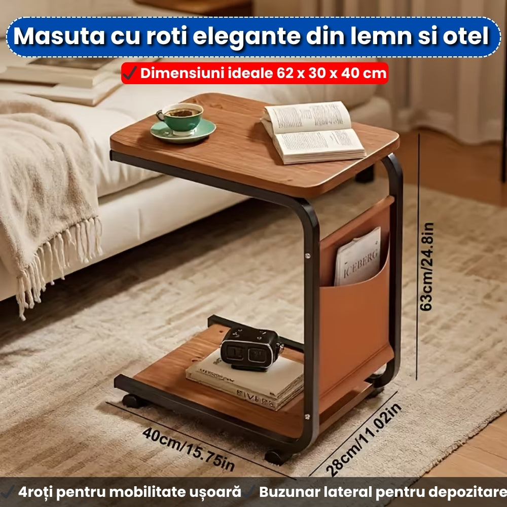 Masă Laterală cu Roți și Spațiu de Depozitare