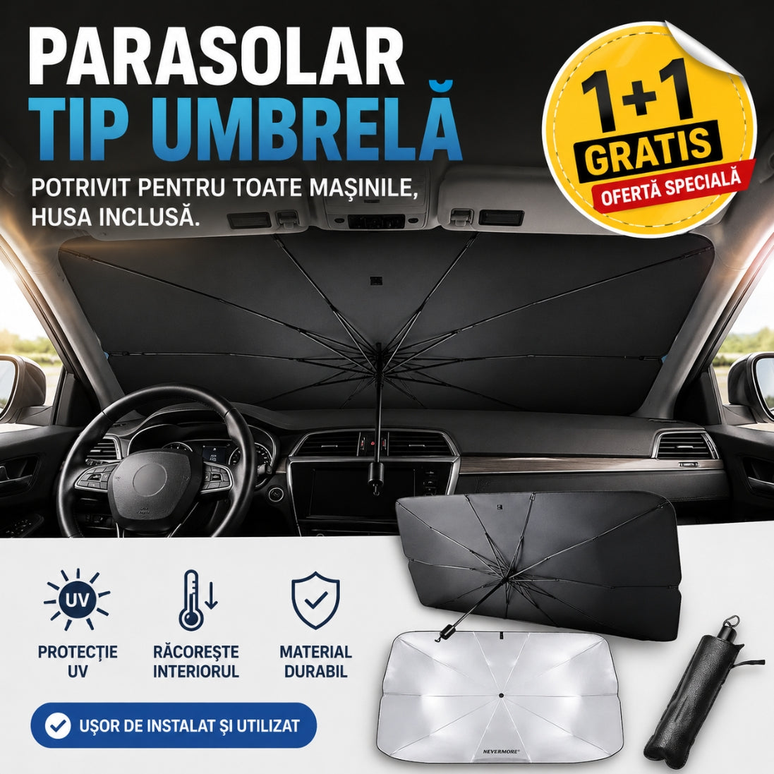 Set de 2 Parasolare Auto Tip Umbrelă – Protecție UV + Interior Răcoros, Montare în 3 Secunde