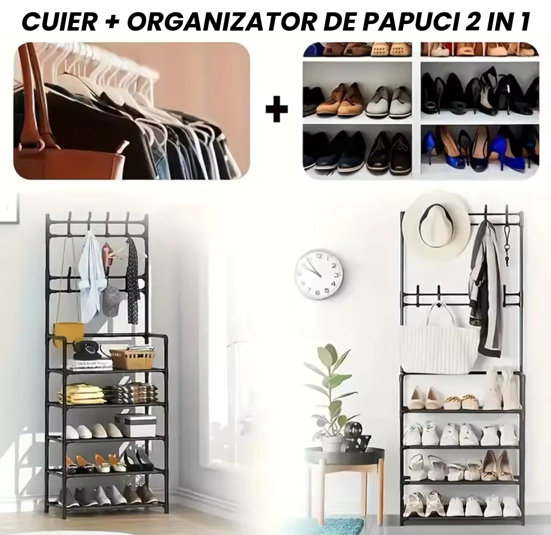 Cuier Metalic cu 4 Rafturi și Cârlige – Organizare Completă pentru Hol, Stabil si Rezistent