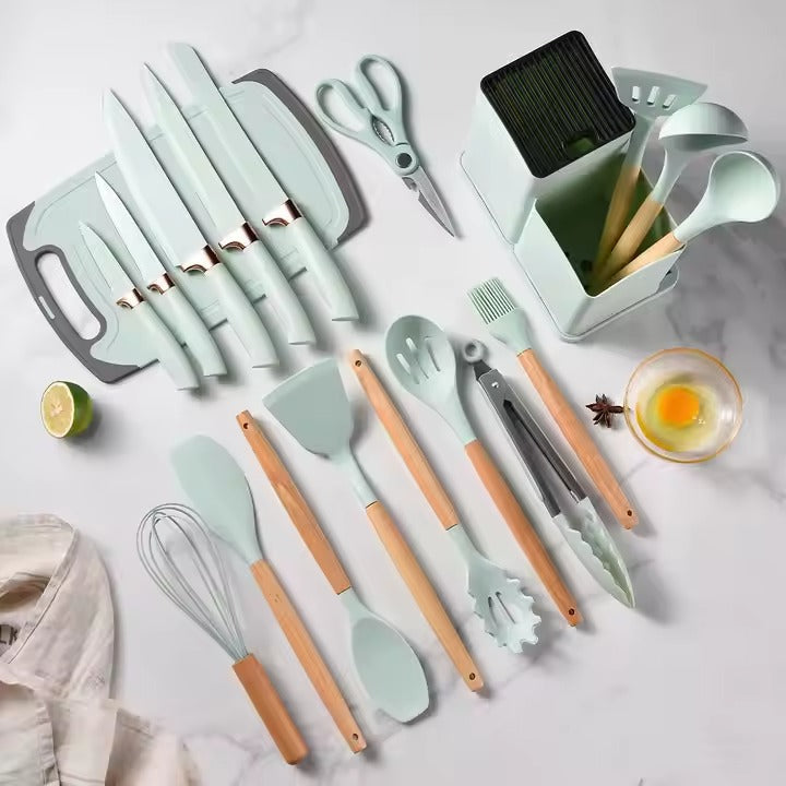 Set profesional 19 piese pentru bucătărie – silicon + inox + lemn