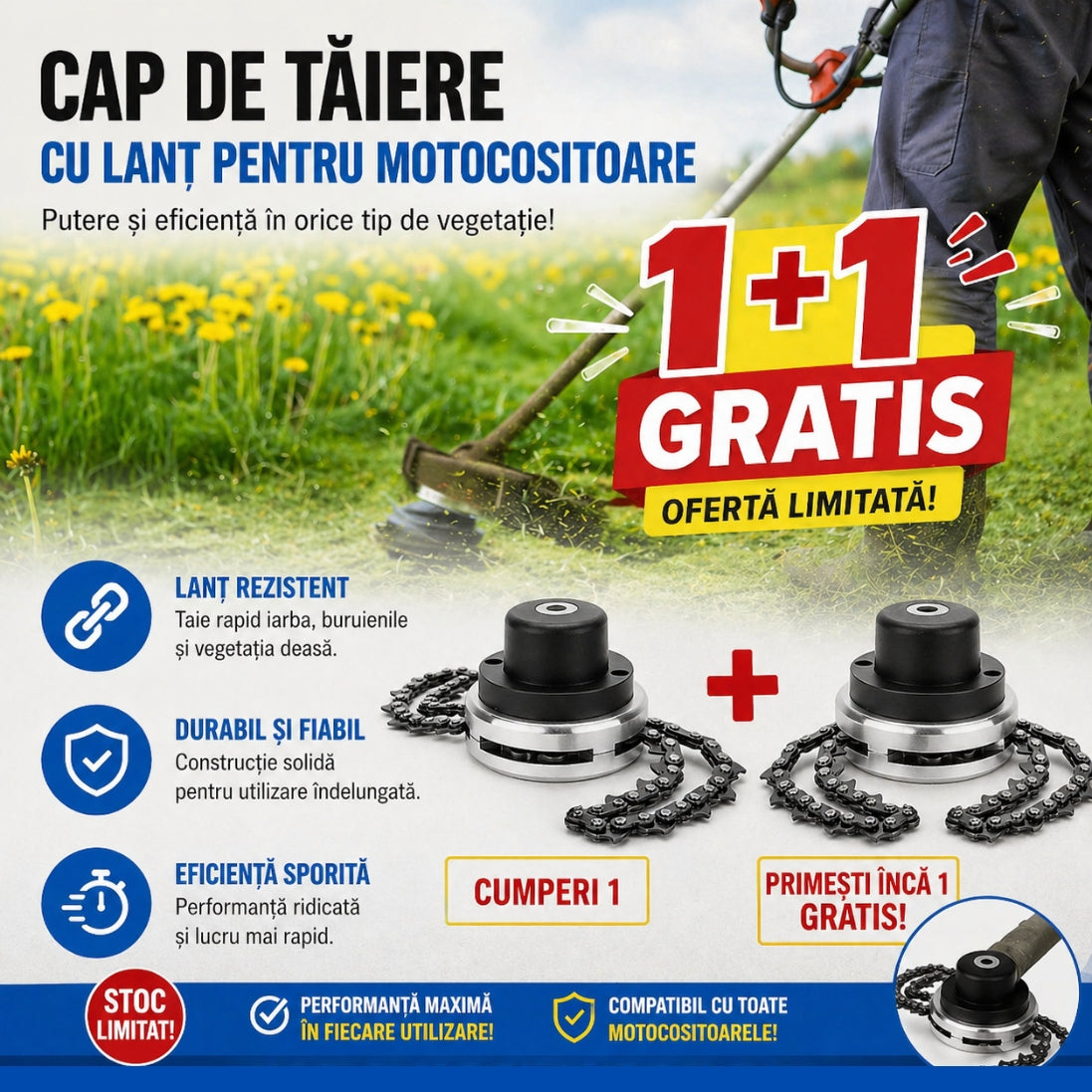 Set de 2 Accesorii cu lant pentru motocoasa – Ideal pentru iarba tare si arbusti